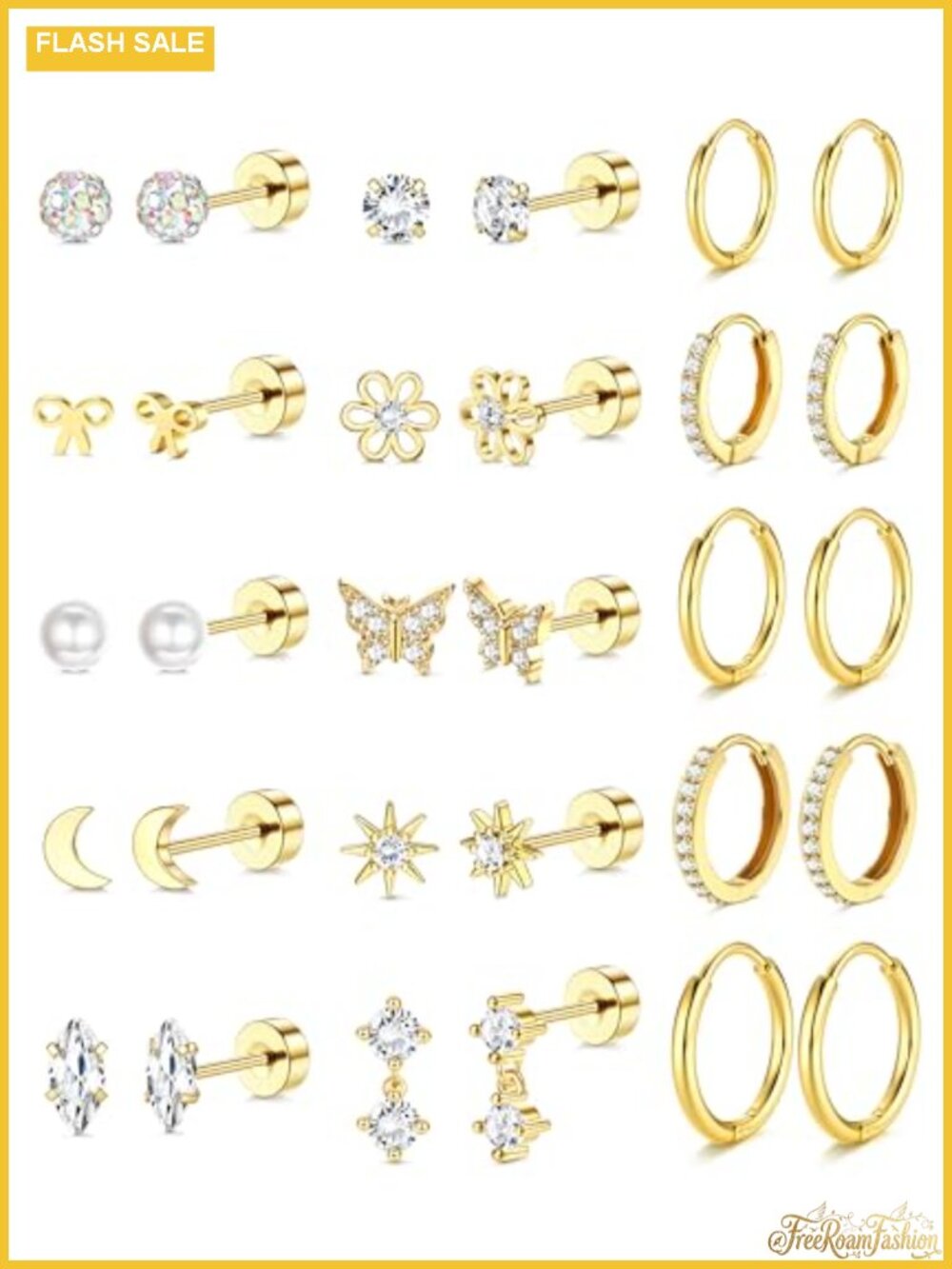 14K Gold Plated Flat Back Earrings Hypoallergenic Surgical Steel Stud Hoop Set